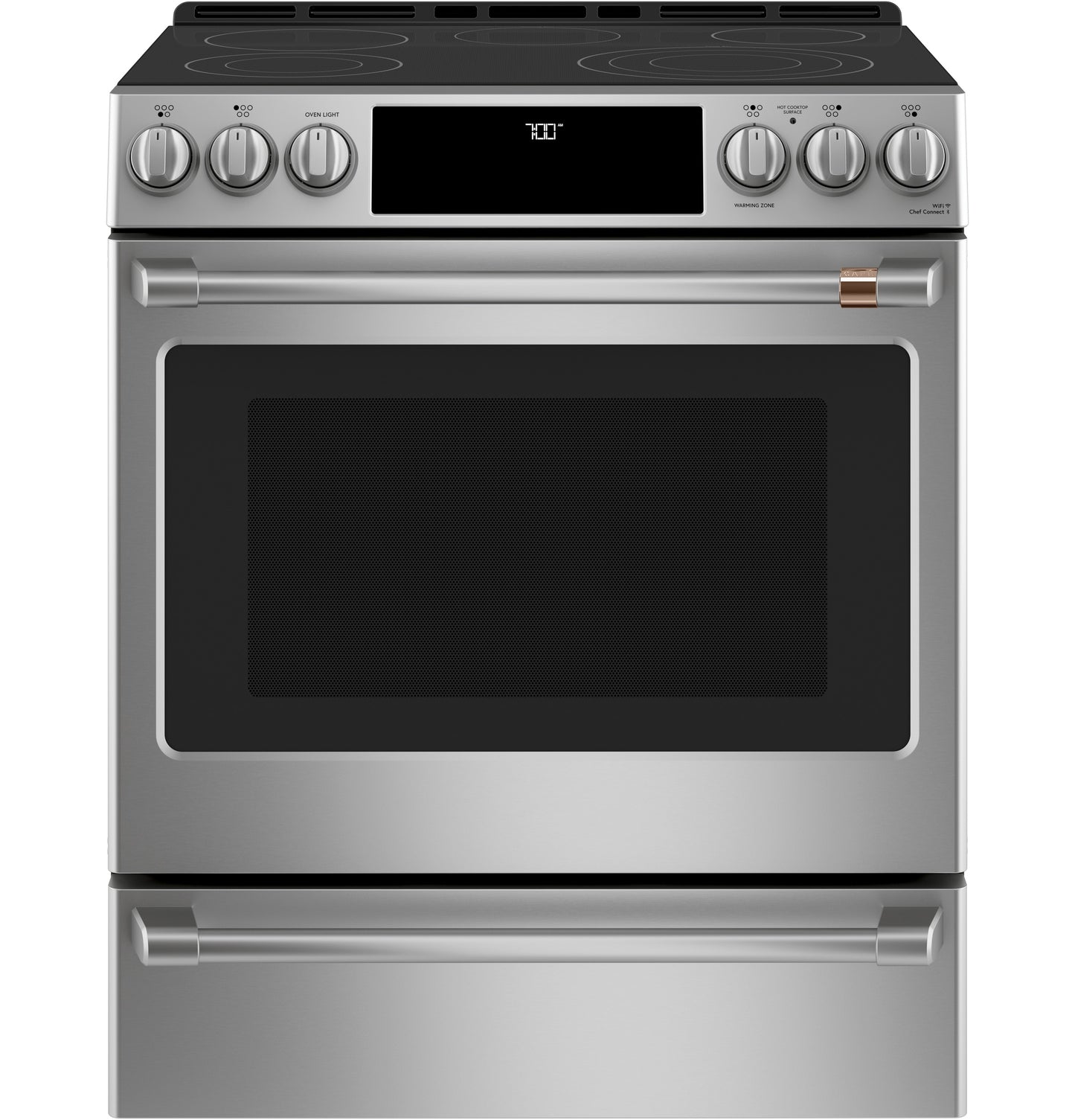 Stainless steel slide-in range with radiant cooktop, digital display, front control knobs, and oven window from kitchen appliances collection