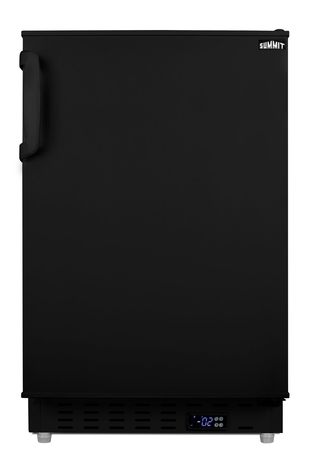 Compact black built-in all-freezer with digital temperature display for undercounter installation in kitchen appliances collection