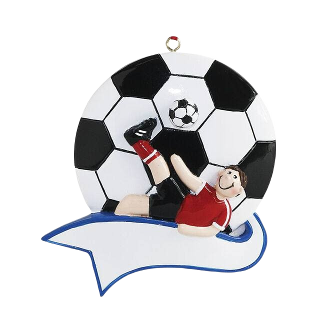Christmas ornament featuring a boy kicking soccer ball with customizable name space in holiday decor collection