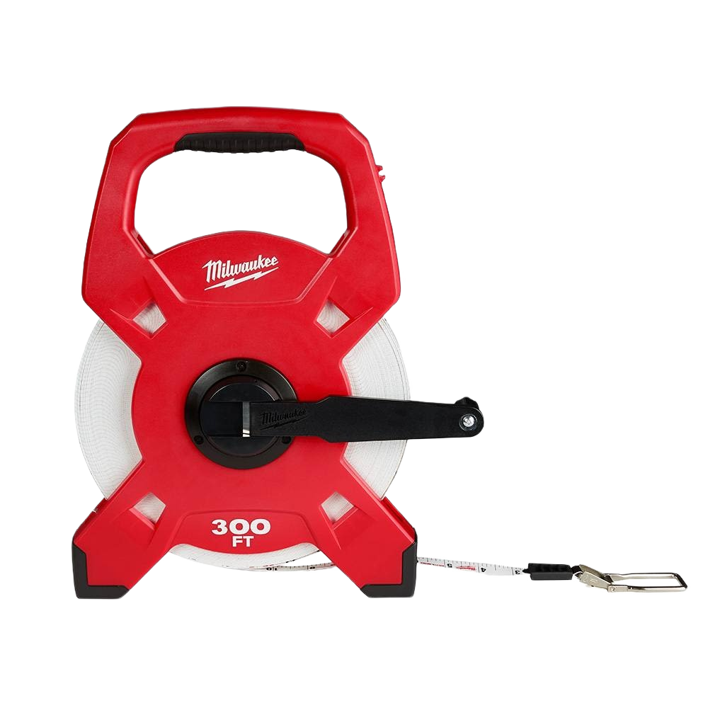 Red Milwaukee open reel fiberglass tape measure with crank handle for woodworking and measuring tools under $100 collection