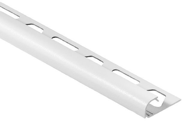 Matte white aluminum bullnose trim with perforations for home improvement and tile edging applications