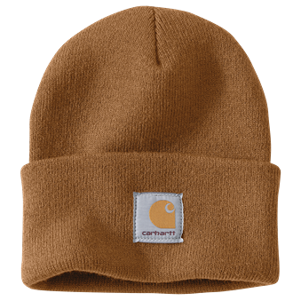Brown thick acrylic rib knit cuffed beanie with a stitched square logo patch, a durable accessory from Clothing & Shoes and Scarves & Hats collections.