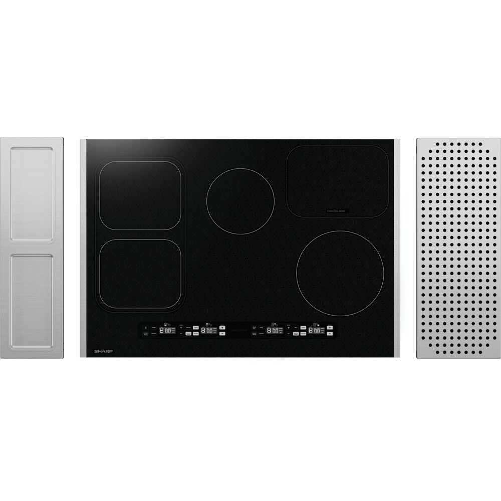 Black induction cooktop with four cooking zones and digital control panel for modern kitchen appliances collection