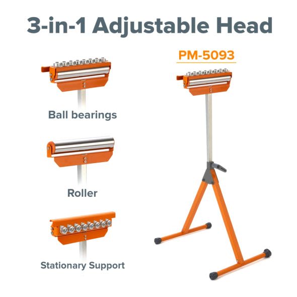 Orange A-frame pedestal roller stand with adjustable 3-in-1 head for ball bearings, roller, and stationary support in home projects