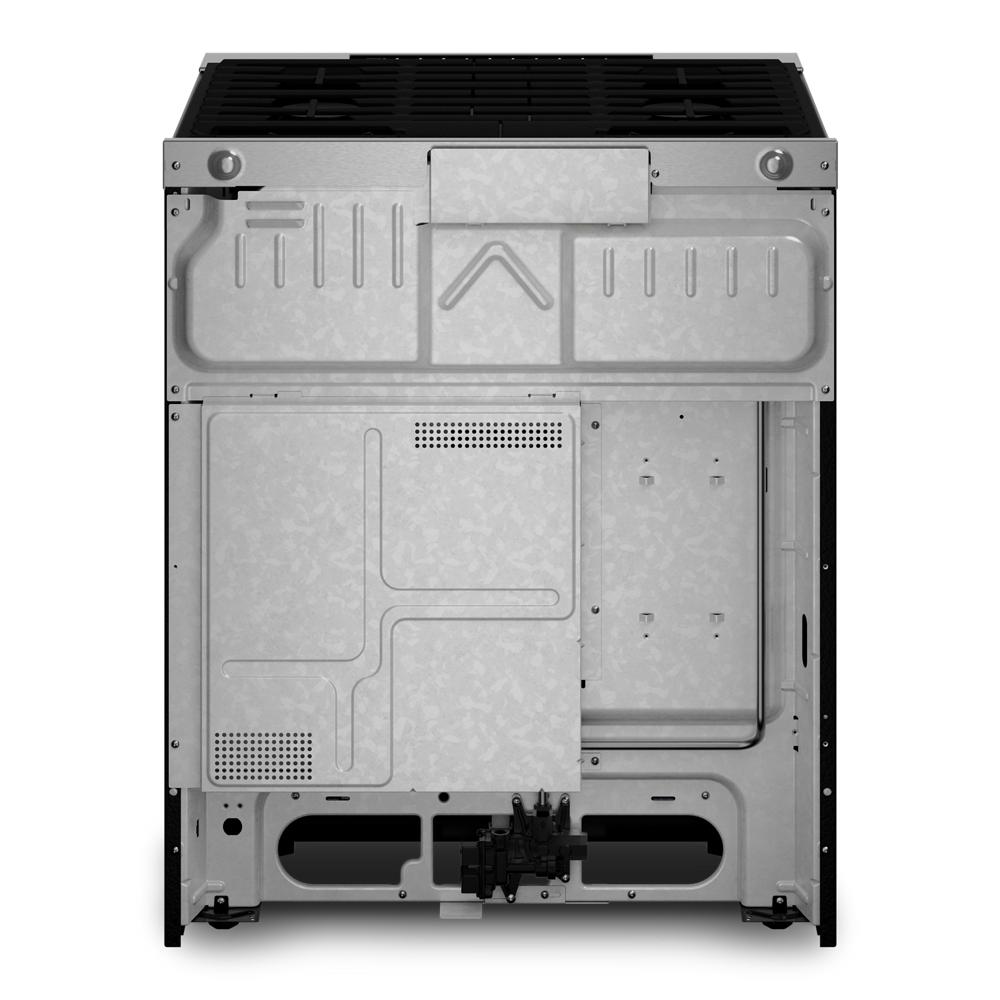 Back view of 30-inch gas range showing metal paneling and connections for kitchen appliance installation.