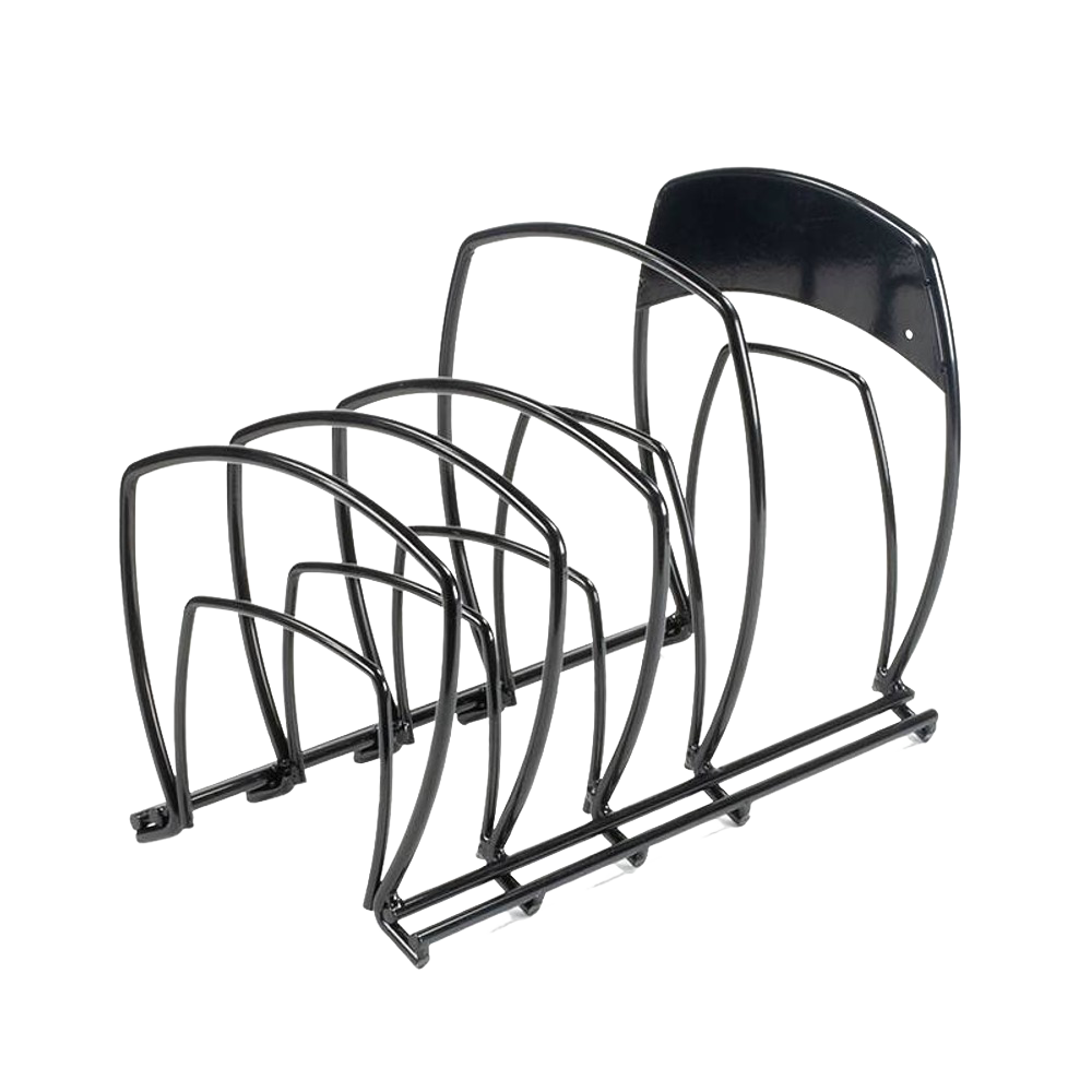 Black metal 5-tier rack for organizing cookware, ideal for kitchen storage and space-saving under $50.