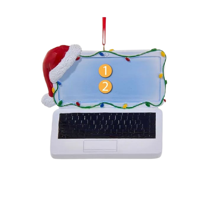 Holiday-themed laptop ornament with Santa hat and festive string lights for personalized decoration