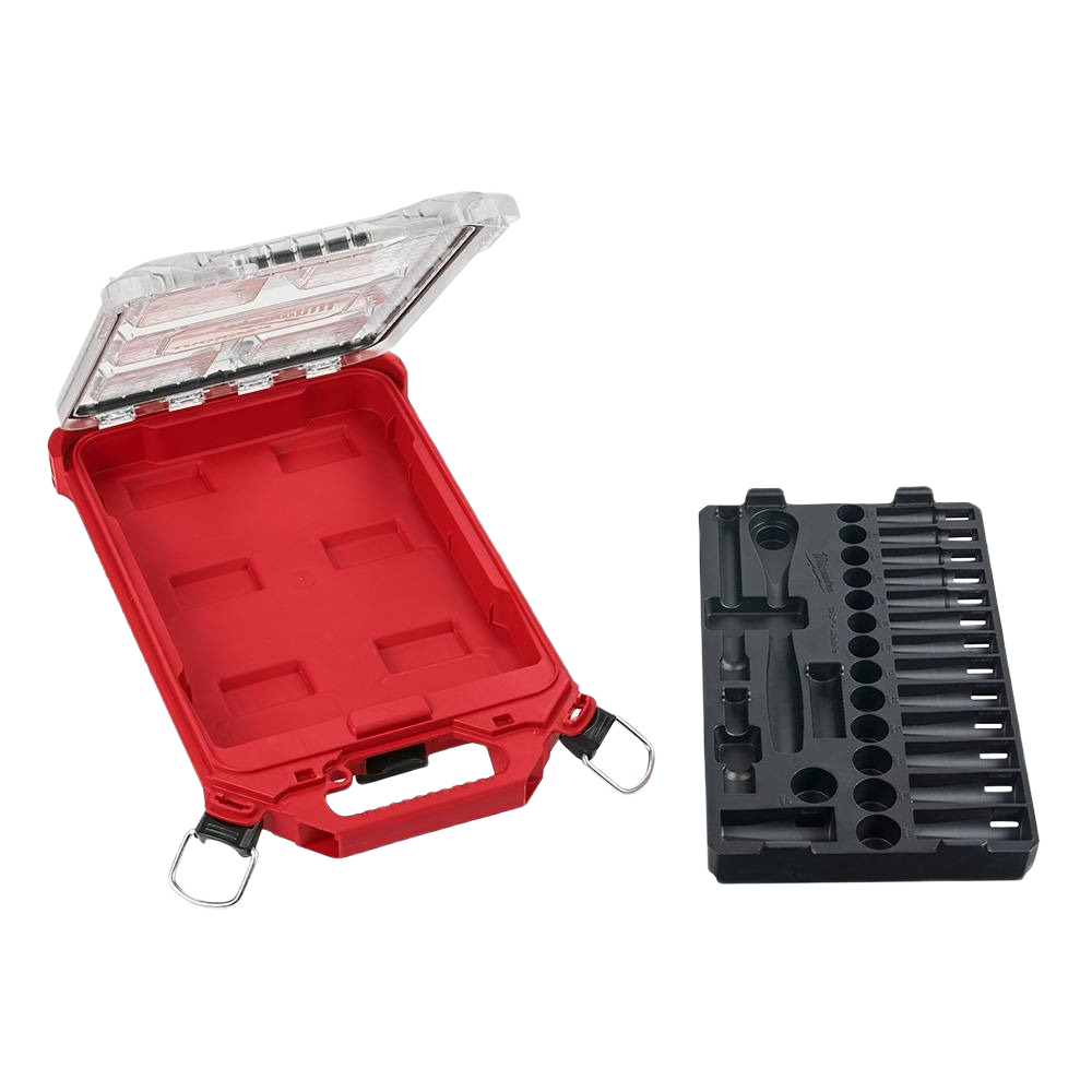 Red PACKOUT storage case with clear lid and black foam insert organizer for sockets and ratchet hand tools
