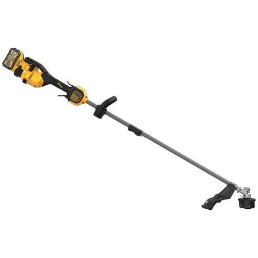 Yellow and black cordless brushless string trimmer with adjustable shaft for home improvement and outdoor tools use