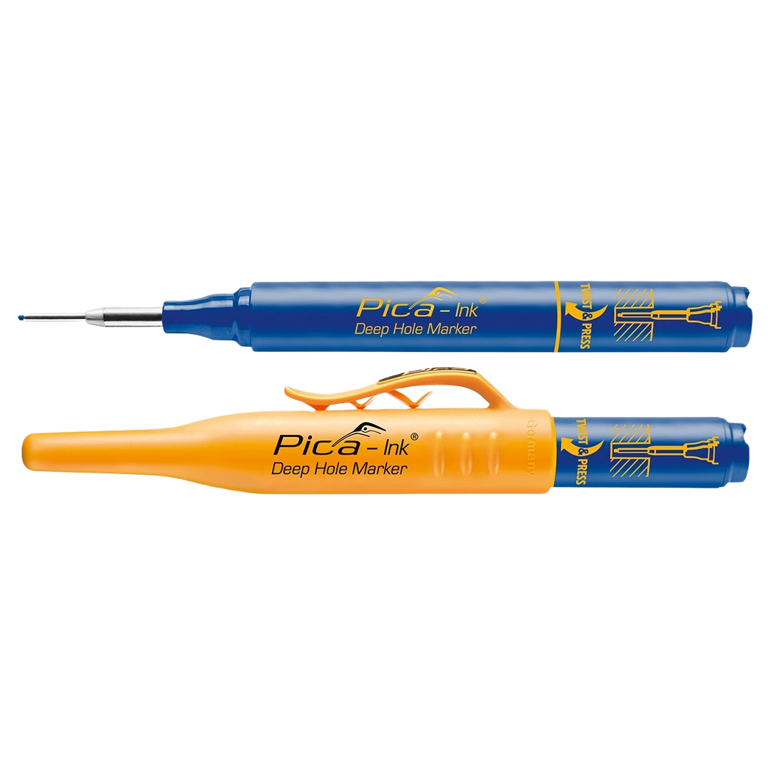 Blue and orange Pica deep hole markers with fine tip for precise marking in woodworking and measuring tools collections