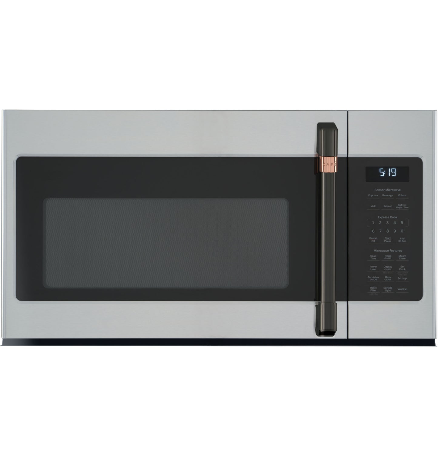 Stainless steel over-the-range microwave with digital control panel and copper-accented handle from kitchen appliances collection