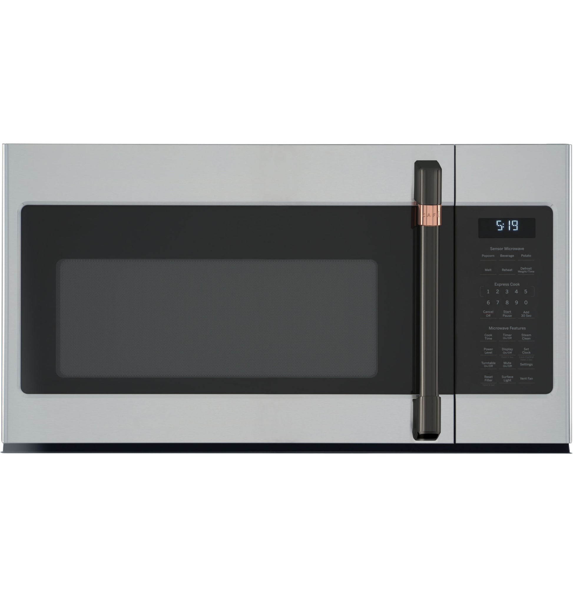 Stainless steel over-the-range microwave with digital control panel and copper-accented handle from kitchen appliances collection