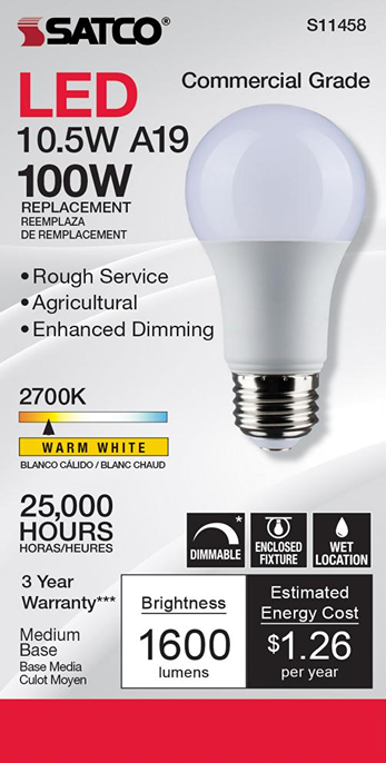 Warm white 10.5W A19 LED bulb with medium base for agricultural and commercial dimmable lighting under $50