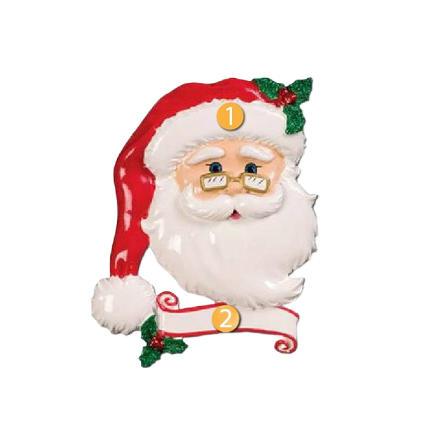 Cheerful Santa face ornament with red hat, white beard, glasses, and customizable banner from Christmas Ornaments & Tree Decorations collection under $50