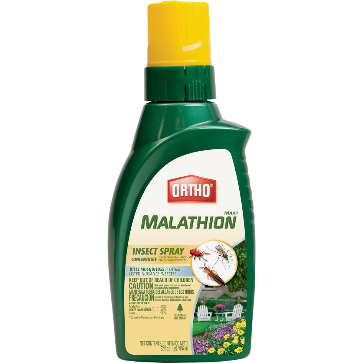 Green and yellow bottle of Ortho brand malathion insect spray concentrate for outdoor pest control use