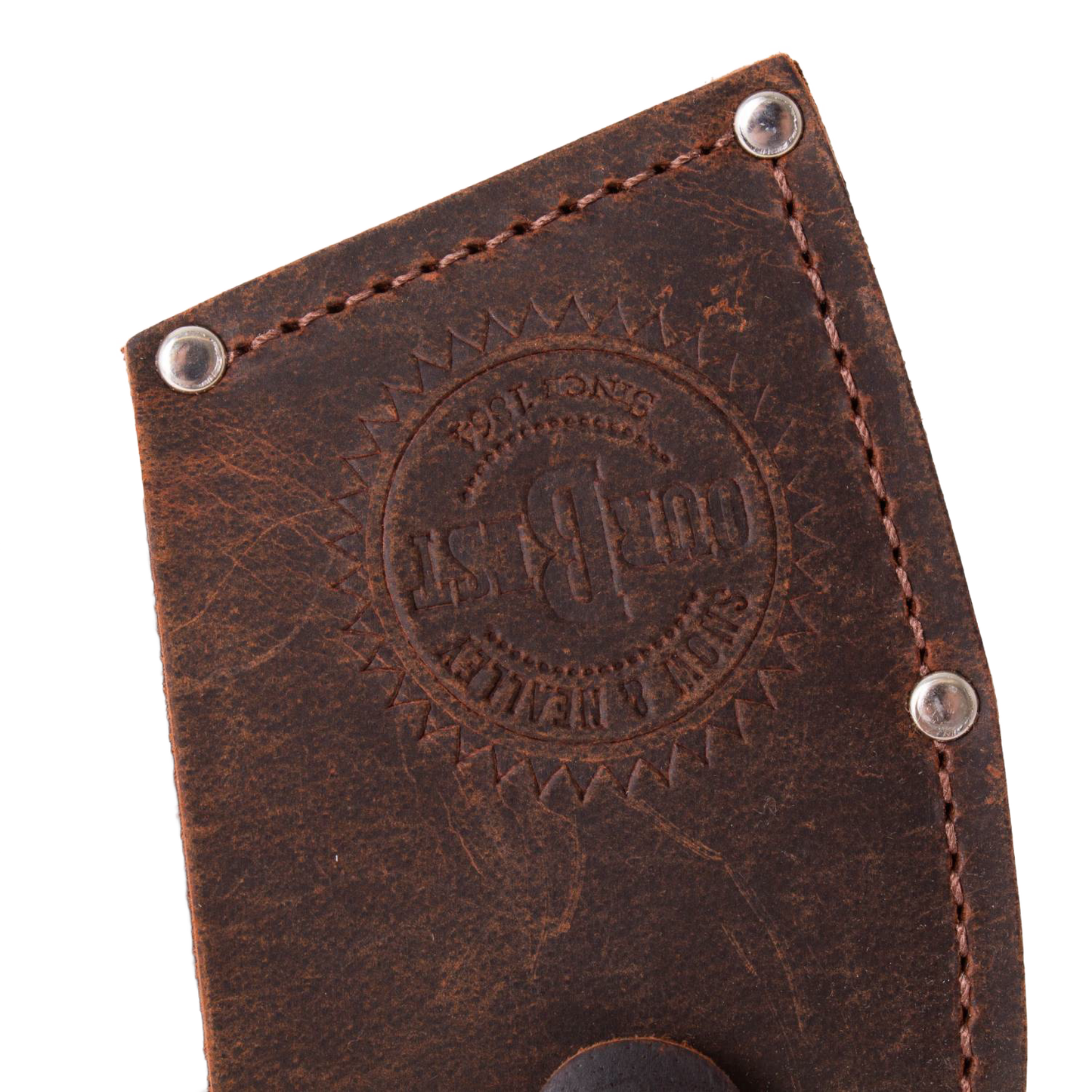 Close-up of distressed brown leather sheath with embossed logo and reinforced stitching for outdoor and garden tools under $100 collections