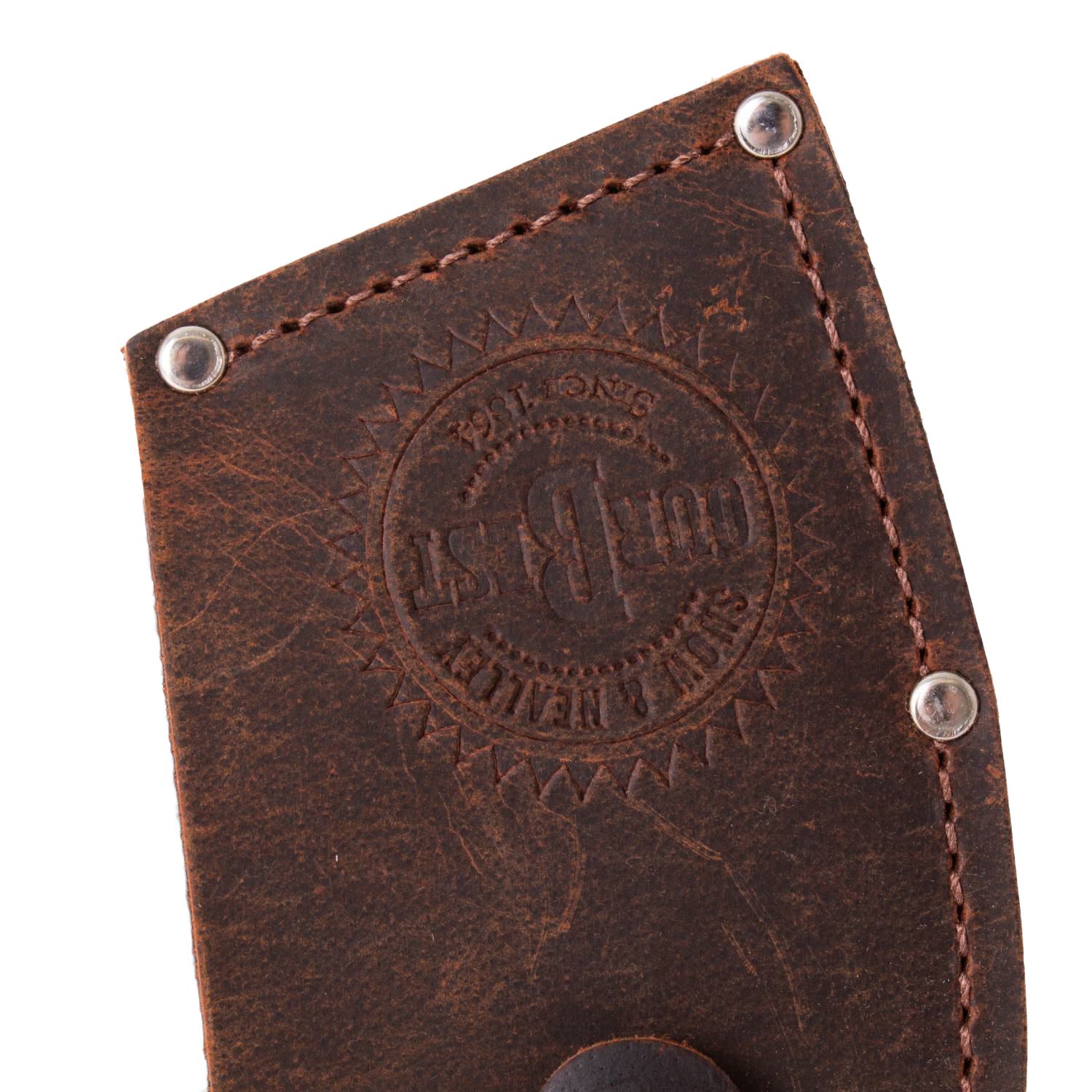 Close-up of distressed brown leather sheath with embossed logo and reinforced stitching for outdoor and garden tools under $100 collections