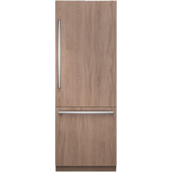 Built-in bottom freezer refrigerator with wood finish and stainless steel handles from Bosch kitchen appliances collection