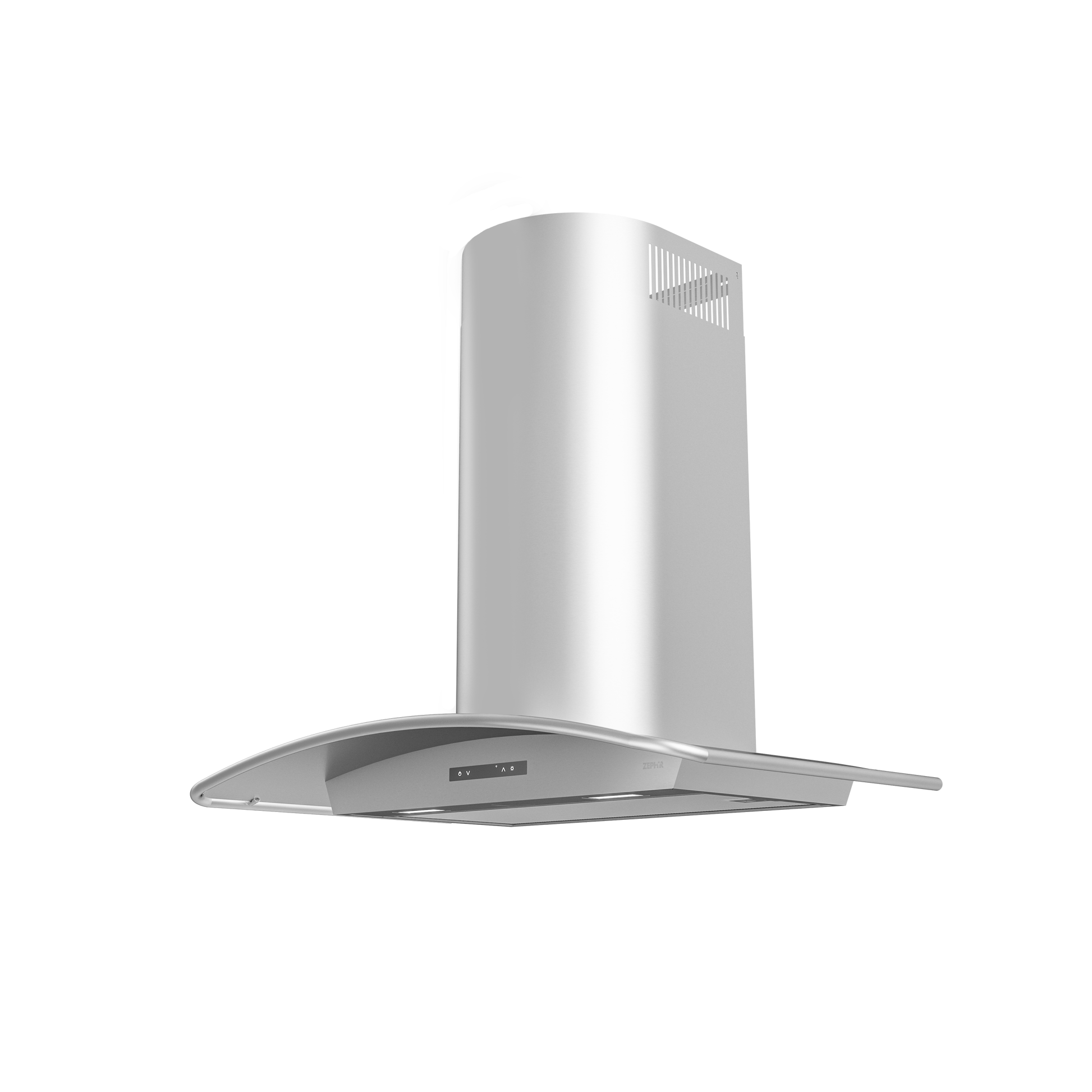 Modern stainless steel chimney hood with curved canopy, LED lighting, and digital touch controls from range hoods collection