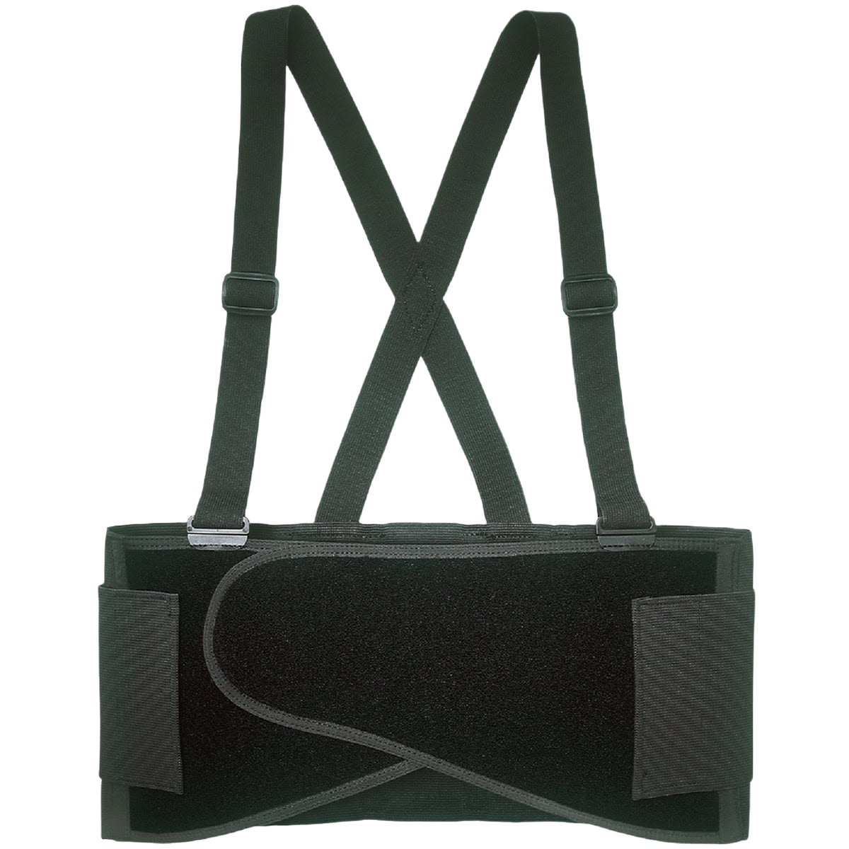 Adjustable black back support belt with elastic suspenders for lower back strain relief in safety and hardware collections