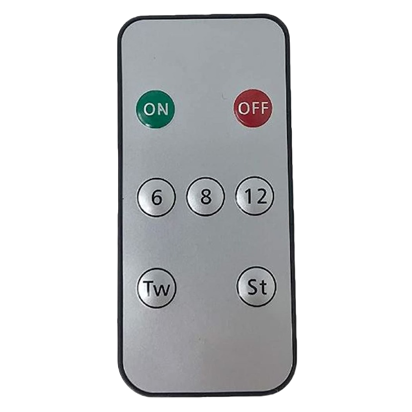 Compact remote control with on/off buttons and timer settings for lighting and home improvement use