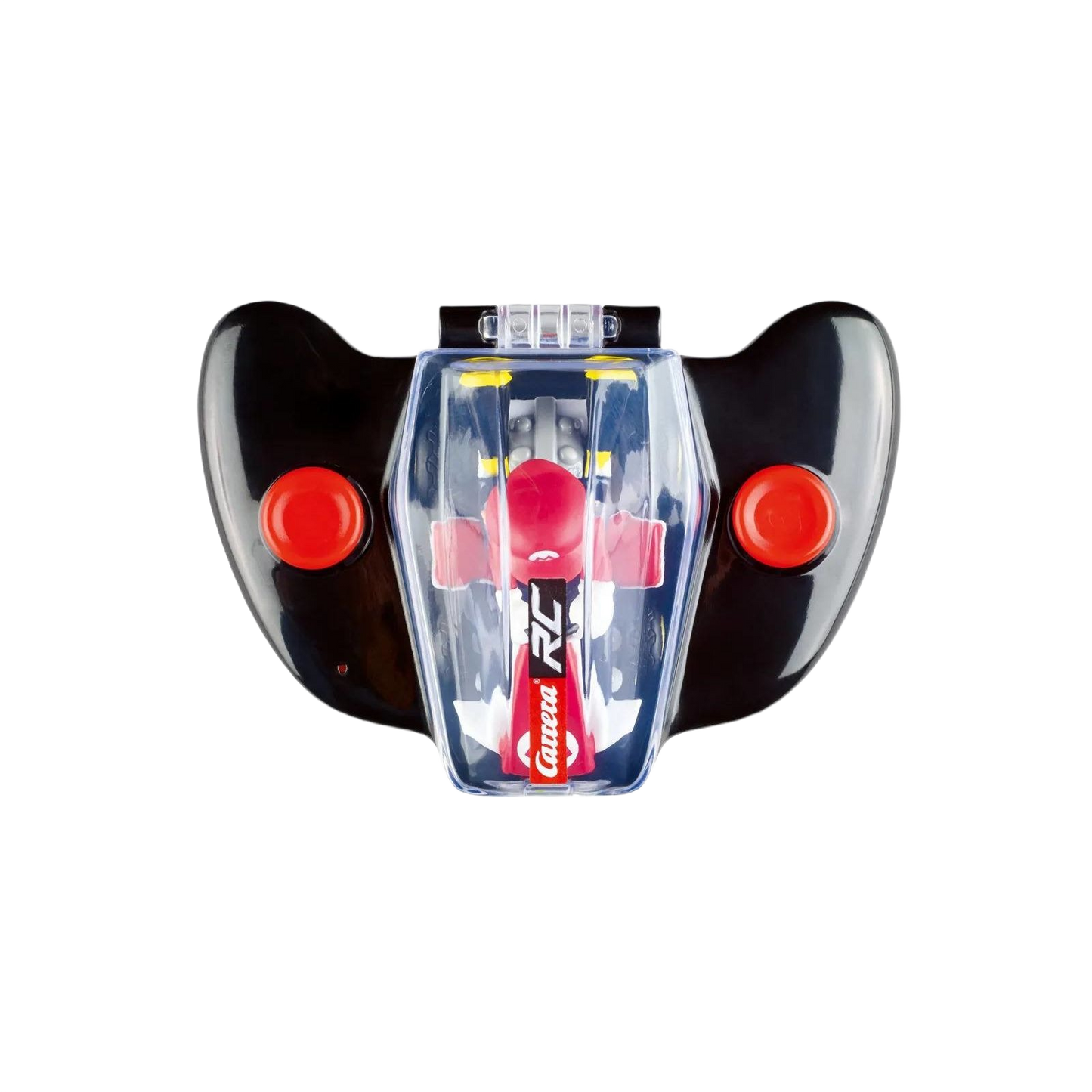 Black remote control with red buttons and a clear center housing a red mini racing kart figure