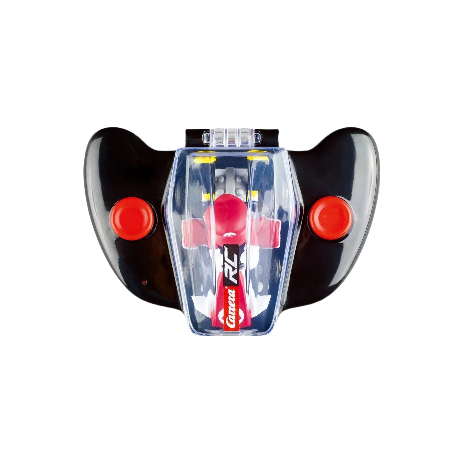 Black remote control with red buttons and a clear center housing a red mini racing kart figure