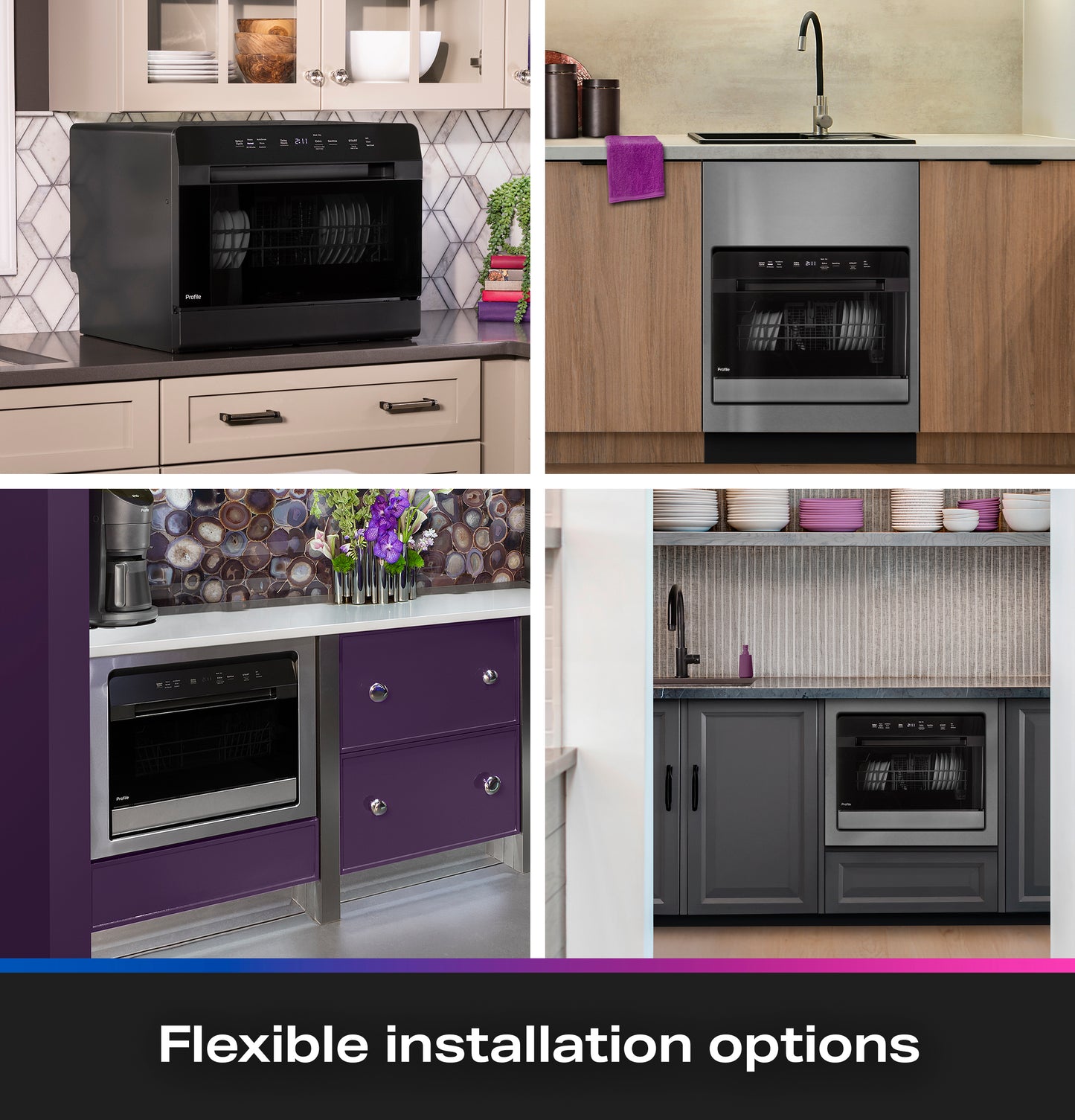 Black smart compact dishwasher shown in countertop and built-in kitchen installations with various cabinet styles