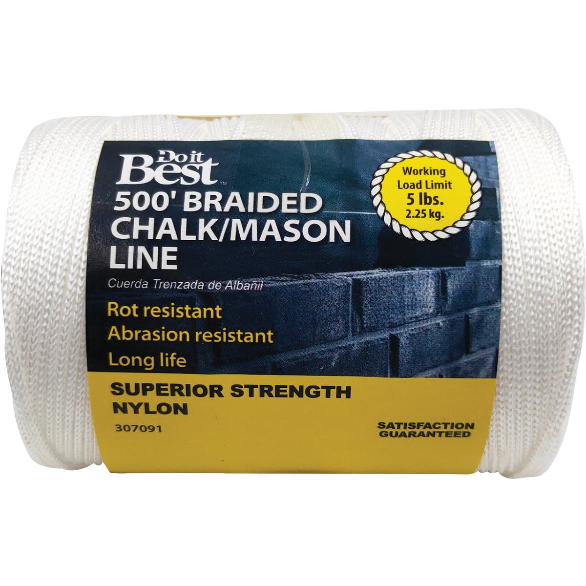 White braided nylon chalk line spool designed for home improvement with rot and abrasion resistance features