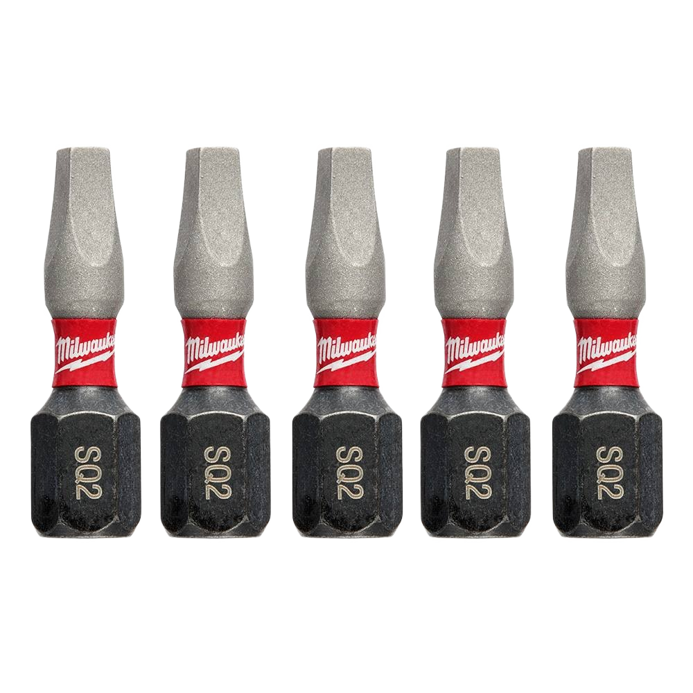 Set of five 1-inch square drive impact duty bits with red branding for power tool accessories and home improvement.
