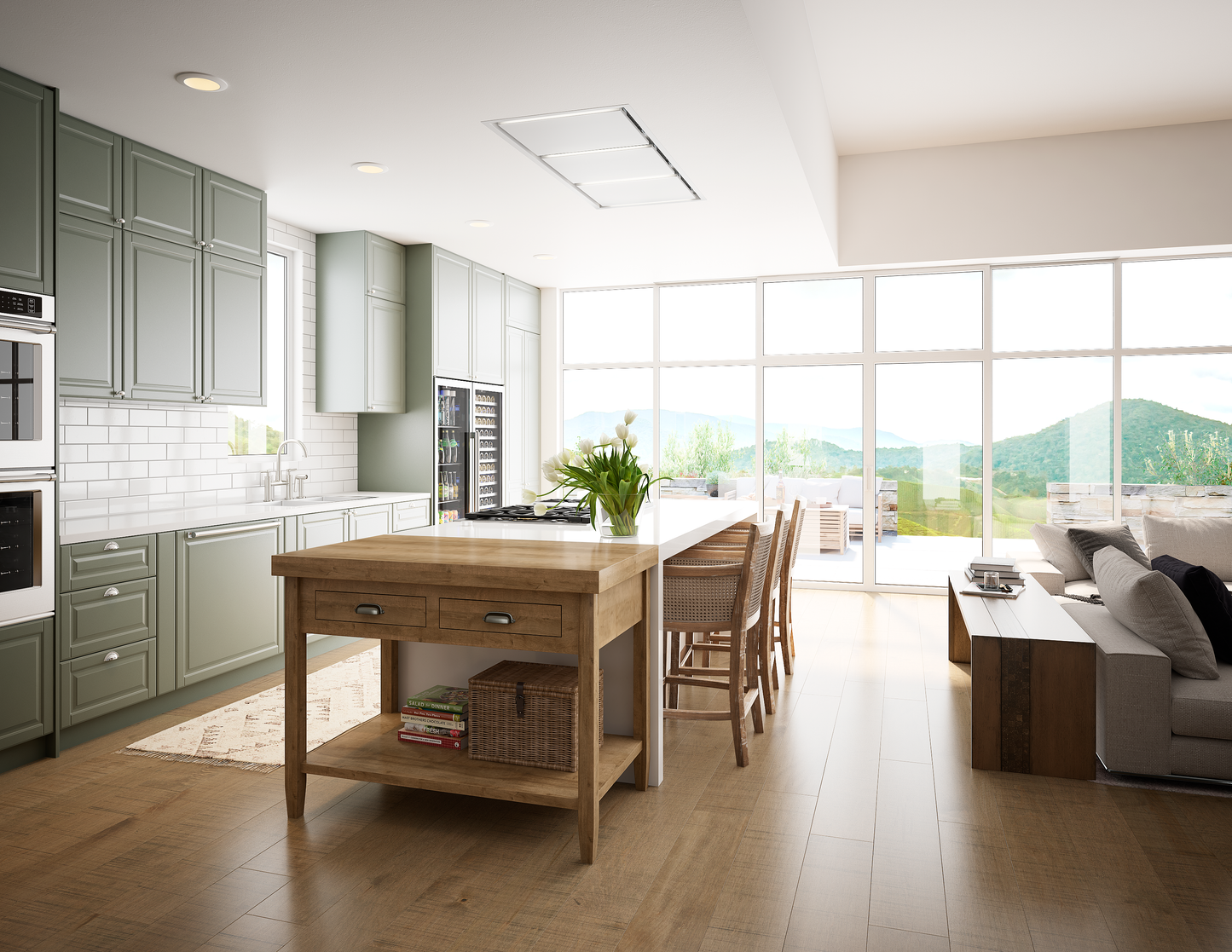 White recessed ceiling range hood with LED lighting installed above a wooden kitchen island in a spacious kitchen featuring green cabinets and large windows, part of Range Hoods and Kitchen & Kitchenware collections.