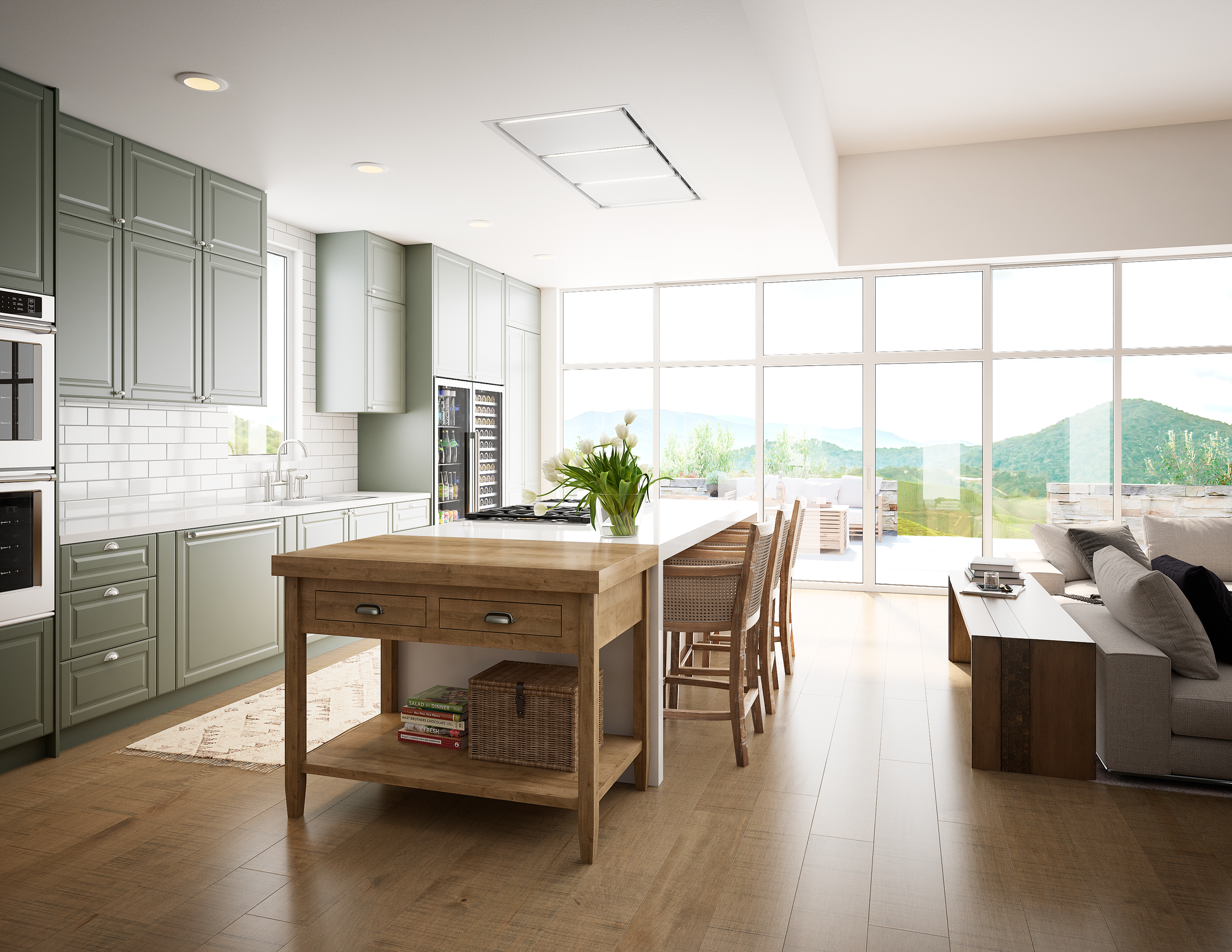 White recessed ceiling range hood with LED lighting installed above a wooden kitchen island in a spacious kitchen featuring green cabinets and large windows, part of Range Hoods and Kitchen & Kitchenware collections.