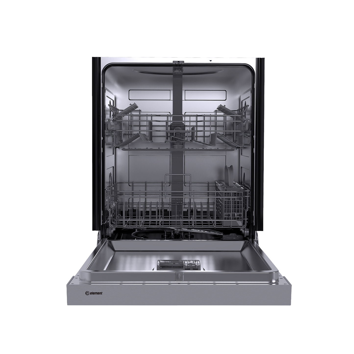 Open stainless steel dishwasher with empty upper and lower racks, designed for kitchen appliance and home improvement collections