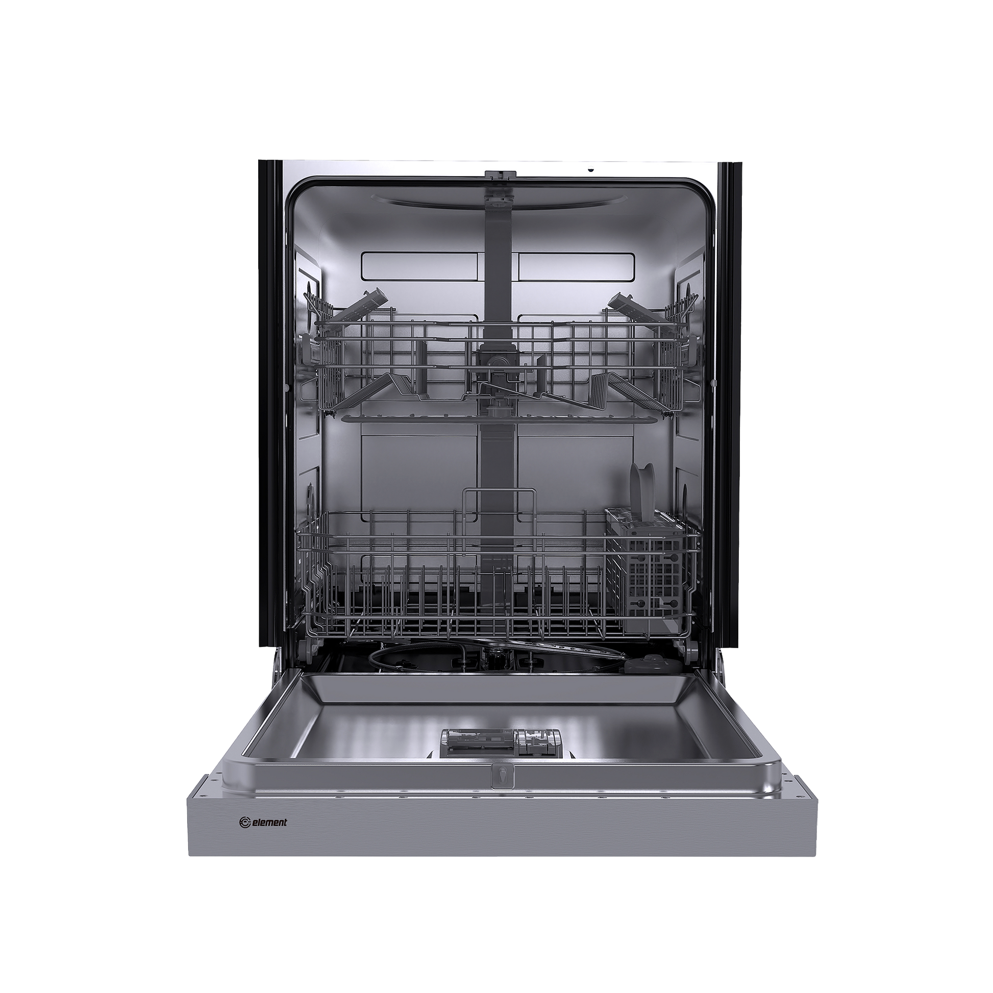 Open stainless steel dishwasher with empty upper and lower racks, designed for kitchen appliance and home improvement collections