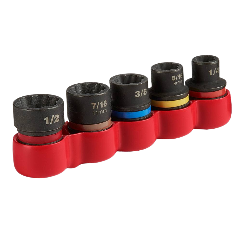 Set of five black impact extractors with color-coded bands in red holder for tools and home improvement tasks