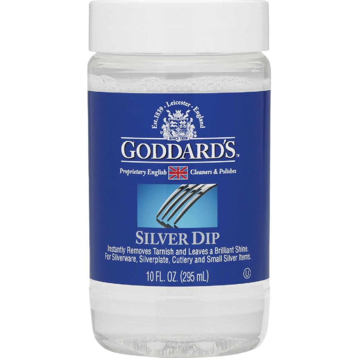 Clear plastic 10 oz silver dip cleaner with blue label for tarnish removal on silverware and small silver items
