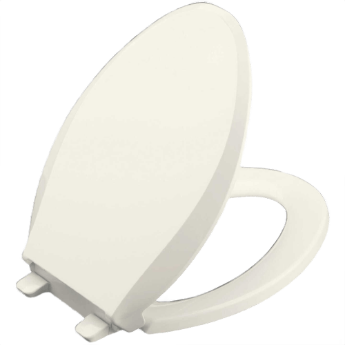 Biscuit-colored elongated toilet seat with a smooth quiet-close lid for home improvement projects