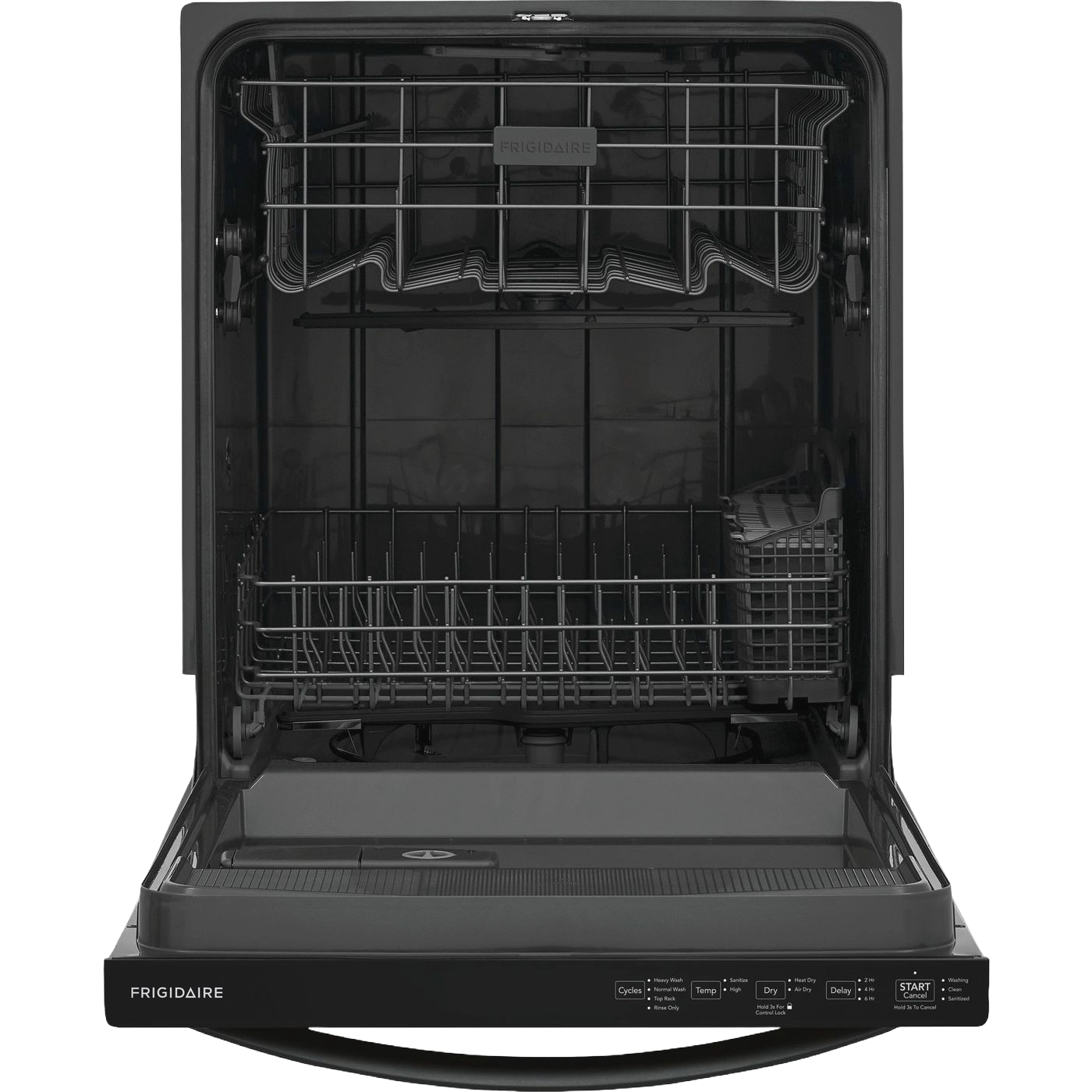 Open black built-in dishwasher showing empty interior racks and control panel in kitchen appliance setting