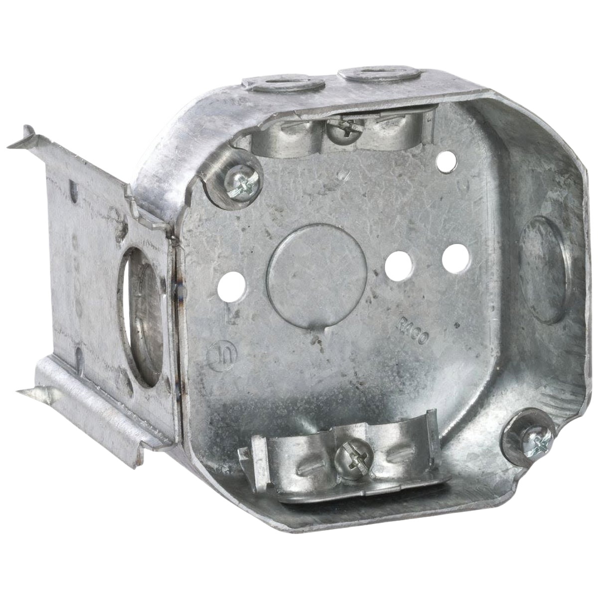 Galvanized steel octagon electrical box with bracket mount for residential and commercial wiring tasks
