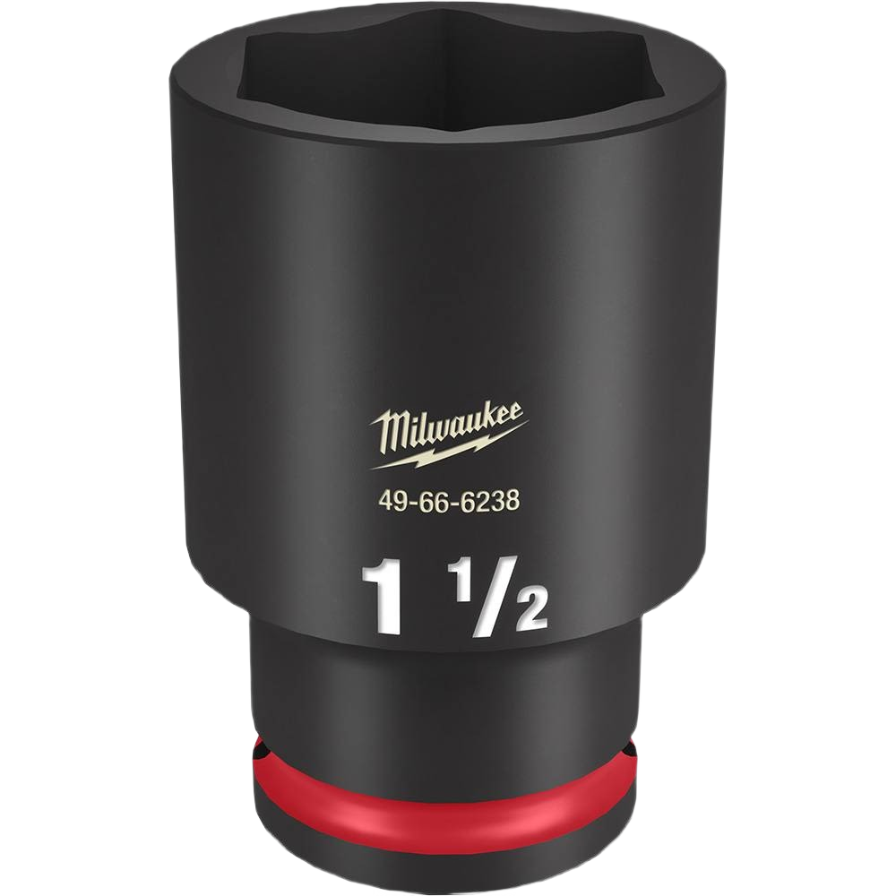 Black forged steel deep impact socket with stamped 1 1/2 size, part of Milwaukee hand tools and woodworking tools collection