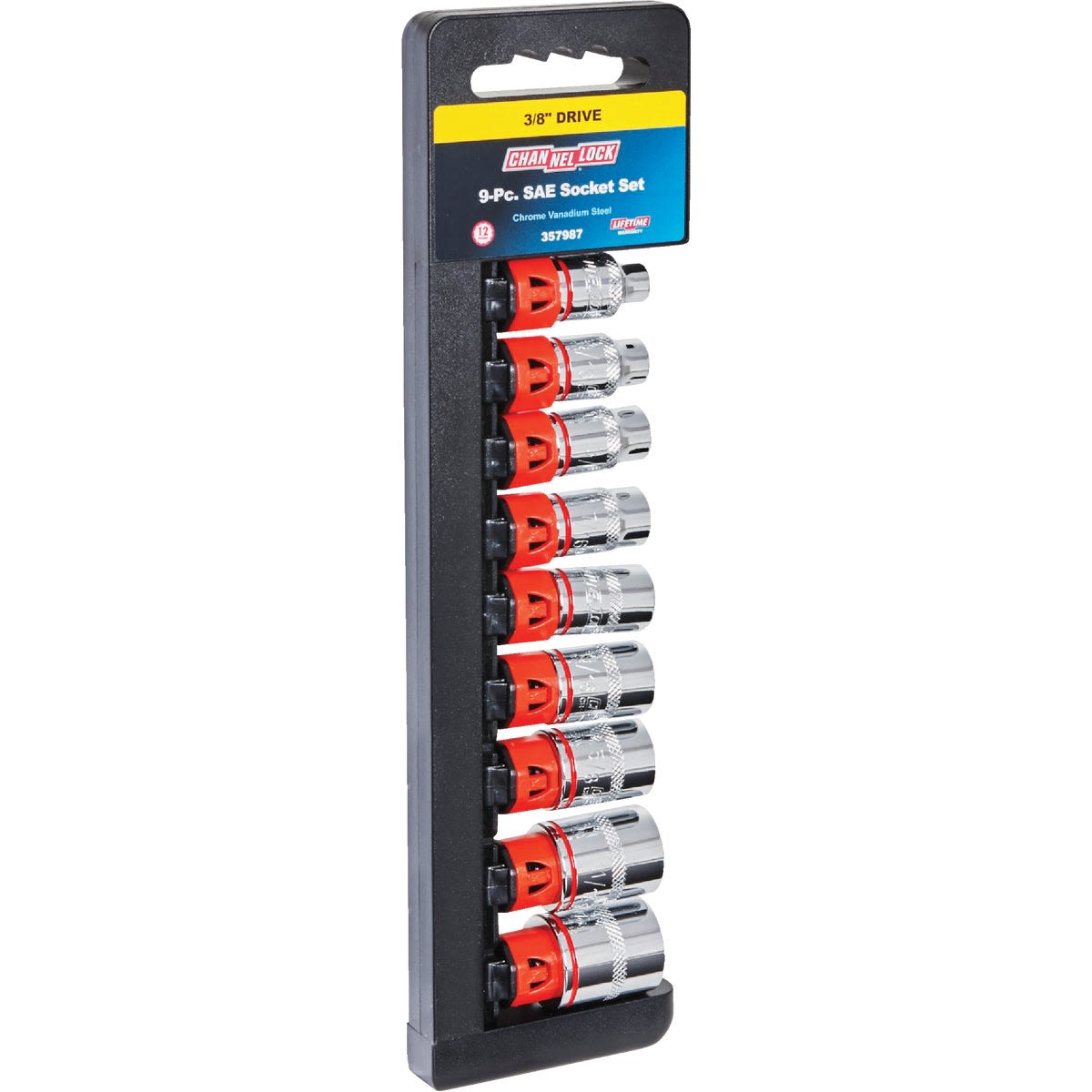 Set of nine polished chrome shallow sockets with color-coded bands for SAE and Metric sizes in hand tools collection