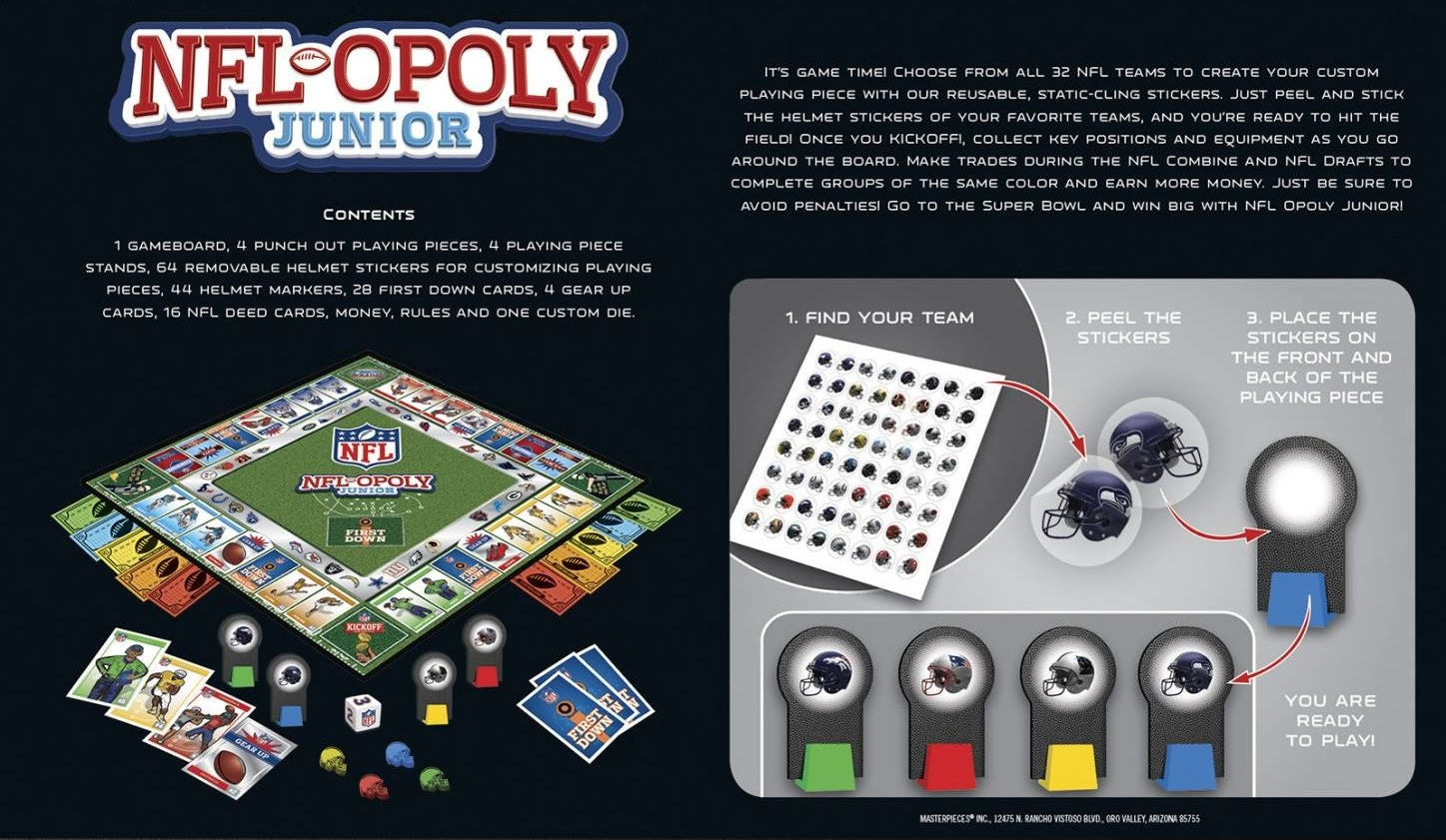 Junior NFL-OPOLY board game components including stickers, helmets, player pieces, and game cards on a colorful playing board