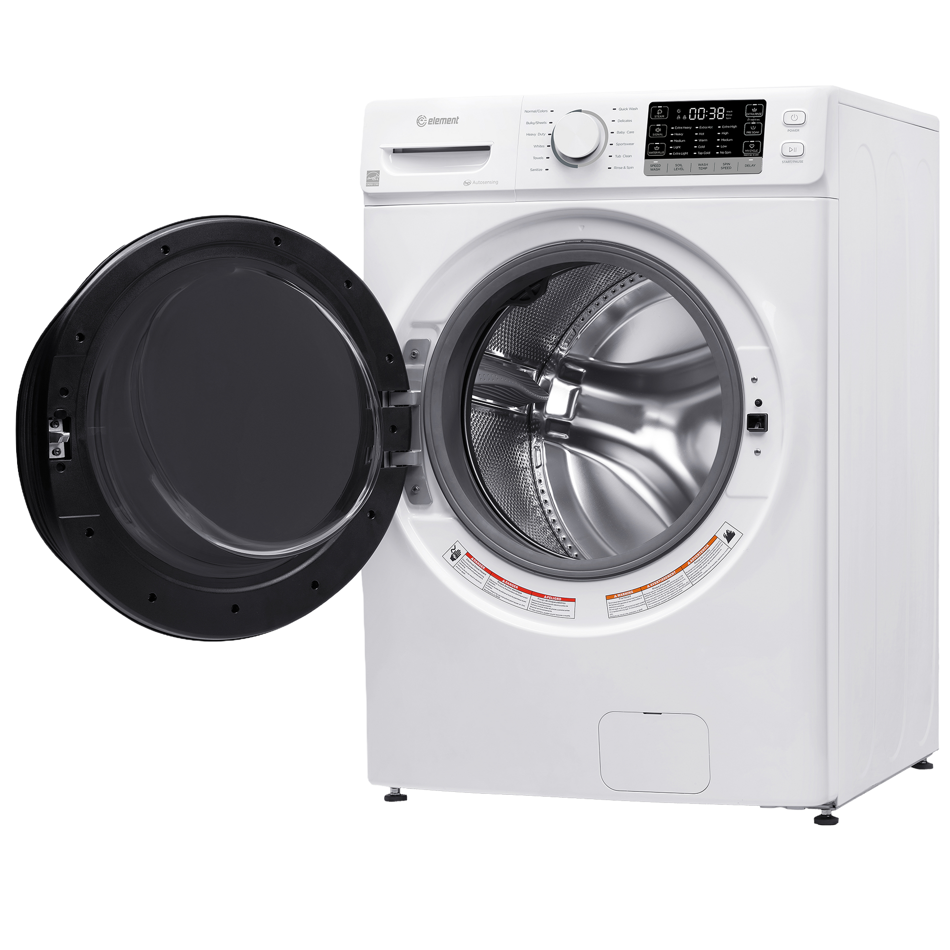 White front load washer with open door showing stainless steel drum and digital control panel in appliances collection