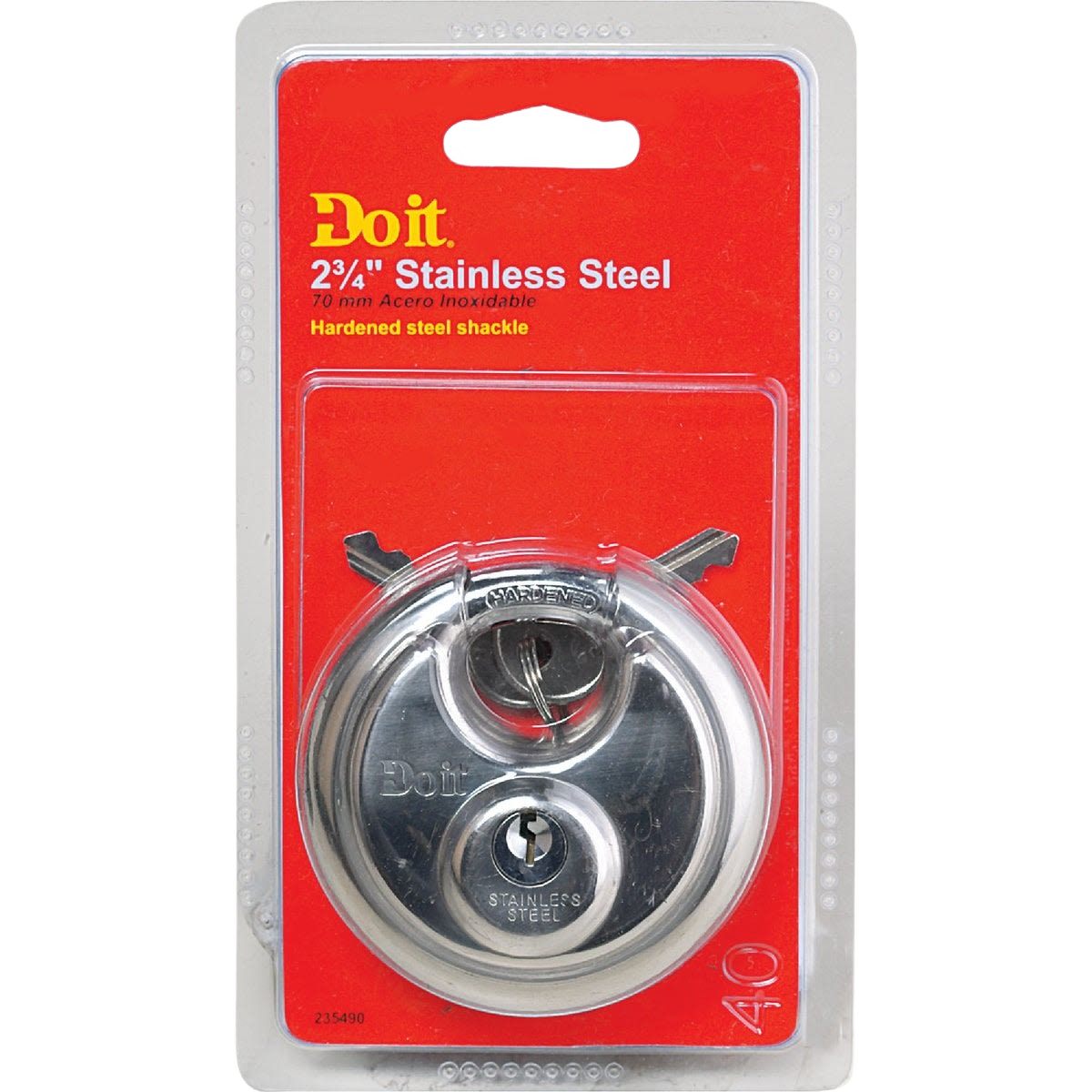 Round stainless steel shrouded padlock in sealed retail package with keys for hardware and home improvement use