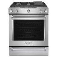 stainless steel 30-inch gas convection slide-in range with five burners and baking drawer in KitchenAid collection