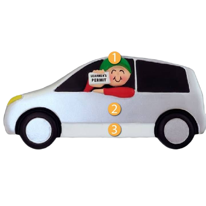 Smiling male figurine wearing green cap holding learner’s permit inside white car ornament from Christmas collection