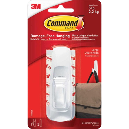 Large white adhesive utility hook with 5 lb weight capacity for damage-free hanging in home improvement projects