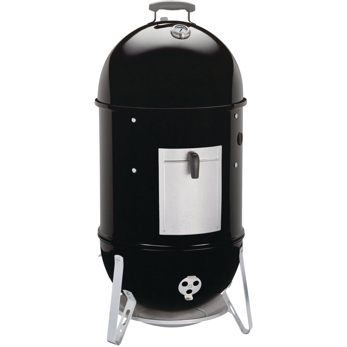 Black vertical charcoal smoker with steel cooking grates for outdoor living and grilling in Weber charcoal grills collection
