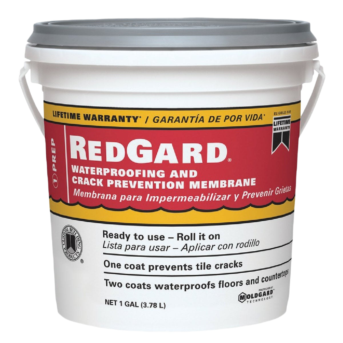 White plastic 1-gallon bucket of RedGard waterproofing and crack prevention membrane for flooring and roofing care