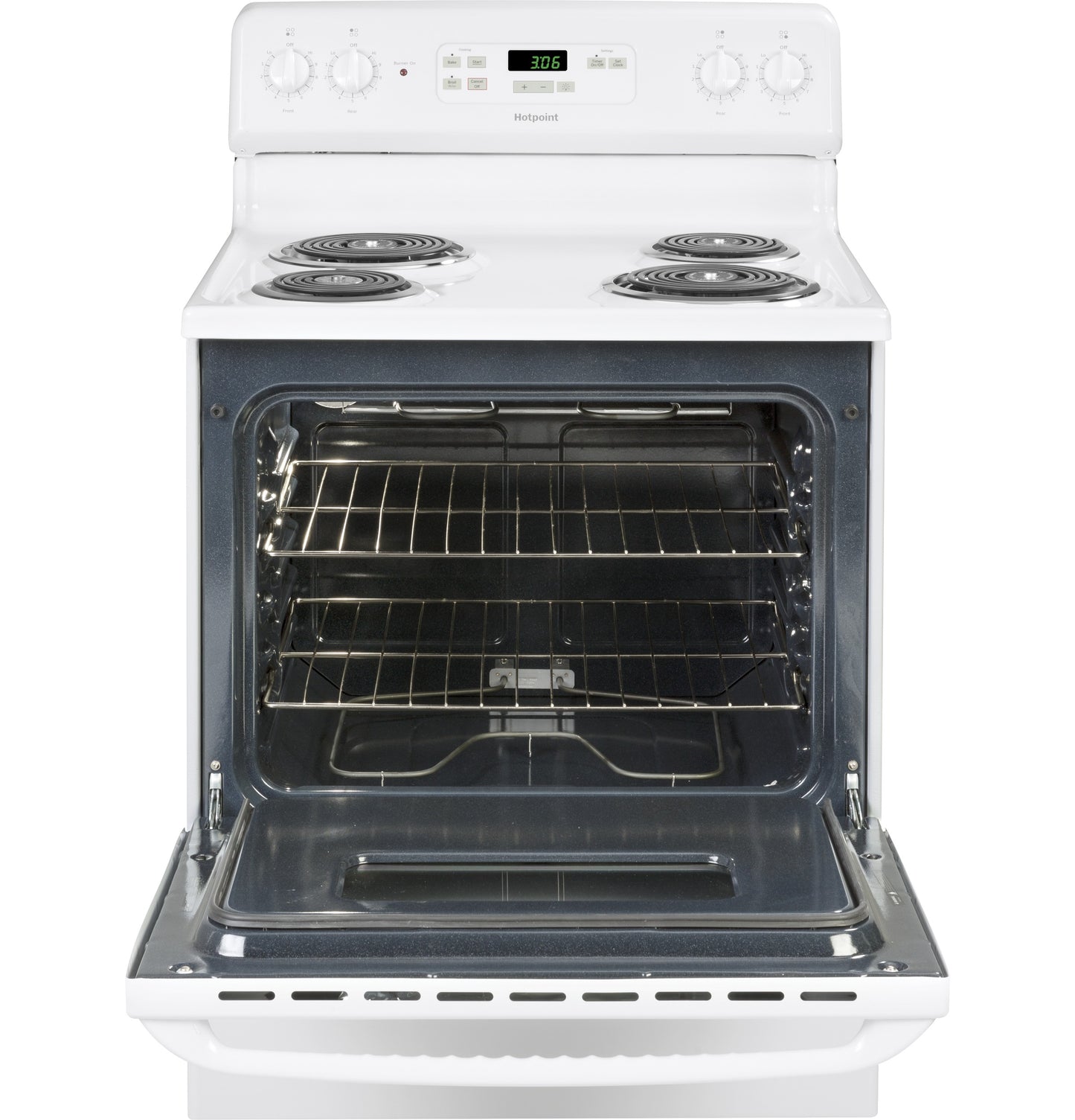 White free-standing electric range with four coil burners and open oven door showcasing interior racks in kitchen appliances collection